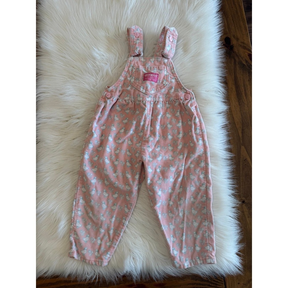 Vintage OshKosh B'gosh‎ pink corduroy overalls duck goose print size 2 EUC